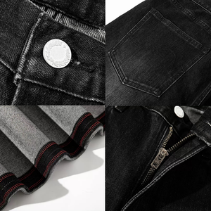<span class=keywords><strong>Jeans</strong></span> Masculino YOUNGMAO Personalizado OEM de Alta Gramatura com Efeito Desbotado pelo Sol Lavagem Monkey Wash Vários Bolsos Bordado de Diamante e Rasgos Cor Sólida - Product Image 2