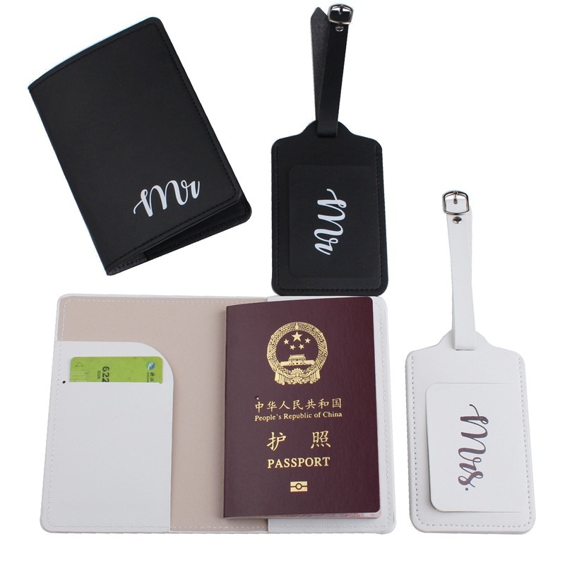 2 Pcs Mr. and Mrs. Bridal Luggage Tags+ 2 Pcs Passport Covers Honeymoon Leather Travel Passport Holder Wedding Gifts