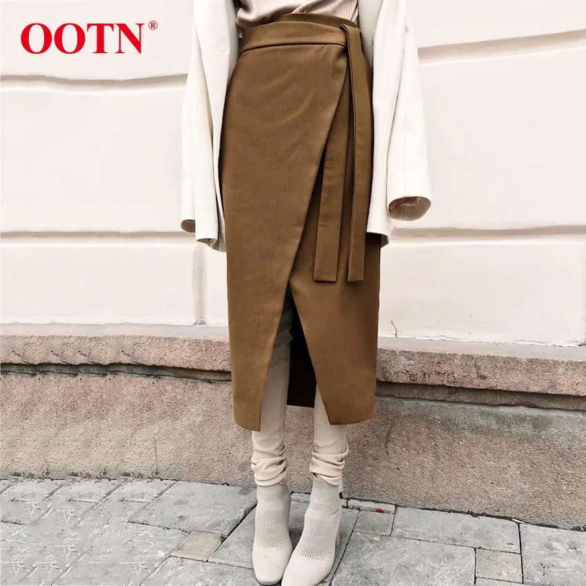 OOTN ofis haki 2019 moda Vintage sonbahar kış süet Midi etekler yüksek bel kadınlar uzun etek kahverengi asimetri mini etek