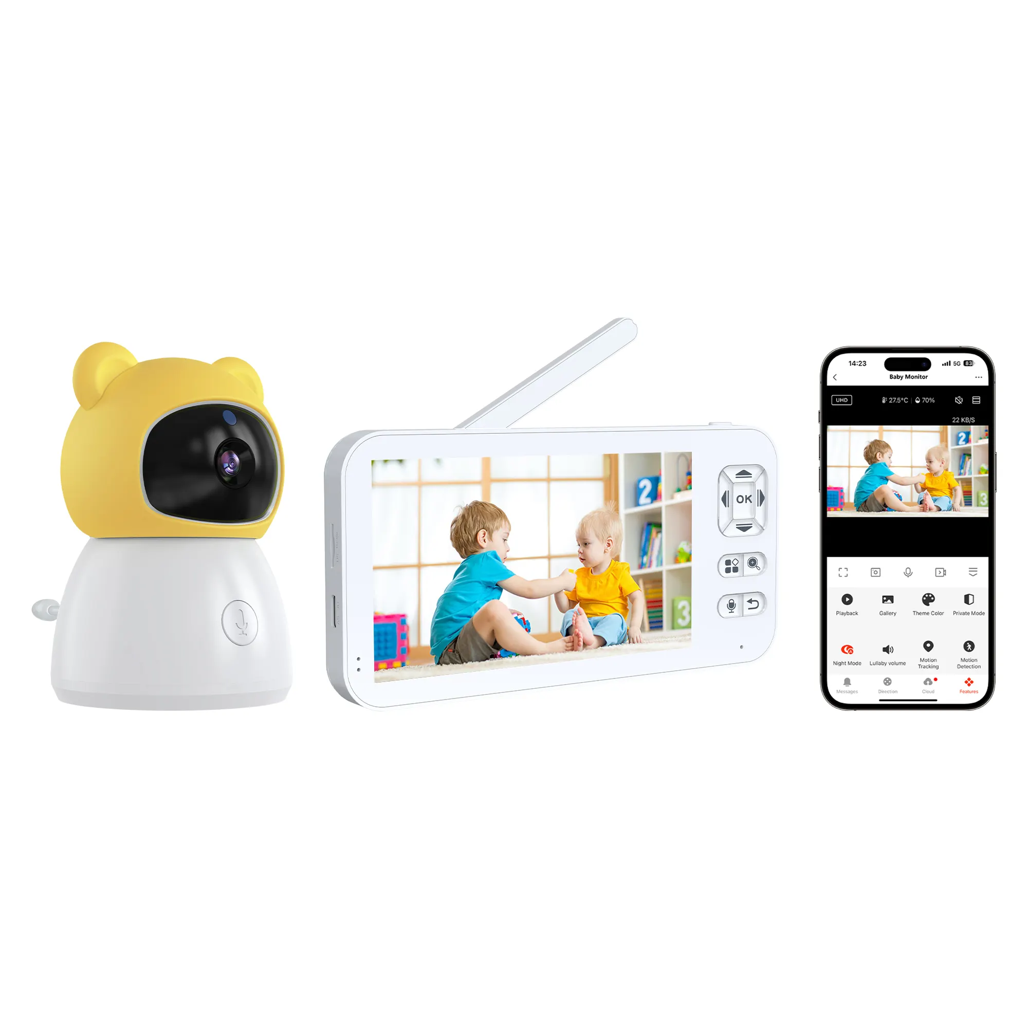 كاميرا مراقبة للأطفال مع شاشة حجمها 5 بوصة تطبيق tuya الذكي للتحكم عن بعد بسعر المصنع وتقنية ODM مع خدمة مخصصة
