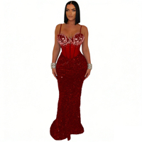 Robe de soirée sirène à sequins, élégante, ajustée, avec bretelles, strass et dentelle transparente, idéale pour les anniversaires et les bals de promo