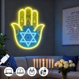 Insegna al Neon Mano di Hamsa Stella di David, LED per Hanukkah, Decorazione per Casa e Sinagoga, Display Elettronico - Product Image 5
