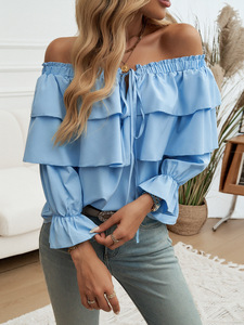 Blusas de señora Nuevas camisas vintage con volantes al por mayor para damas Top negro con hombros descubiertos - Product Image 2