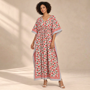 Robe longue tissée col en V style bohème pour femme, imprimé floral, taille élastique, coupe décontractée trapèze, respirante, avec fentes, idéale pour l'été - Product Image 1