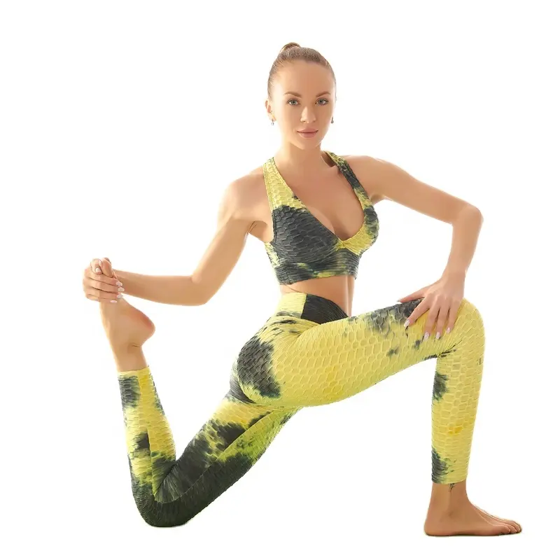 2021 nueva llegada plus tamaño de impresión y teñido yoga conjuntos de fitness entrenamiento de cintura alta pantalones de yoga para las mujeres al por mayor