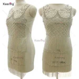 WDP-334 Keering Vintage Antique Style Beaded Fringe Flat Back Sew Crystal Rhinestone Applique For Round Neck