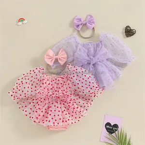 Neugeborenes Kleinkind-Kleid Herzdruck langer Puffärmel Netz Tülle-Bogen Baby-Mädchen Valentinstag Strampler