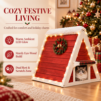 Maison pour chat en bois édition limitée Noël, rouge et blanc, en forme de A, pour intérieur, avec marchepied latéral et coussin, mobilier pour animaux de compagnie