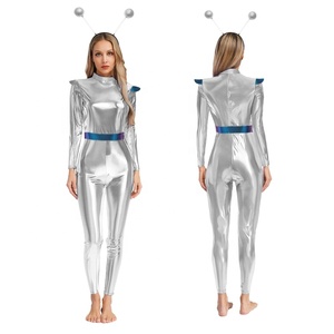 Costume Alien Femme, Combinaison Métallique Liquide, Manches Holo Brillantes, Bandeau Antenne, Tenue Futuriste pour Rave et Spectacles Scéniques, Personnalisable - Product Image 5
