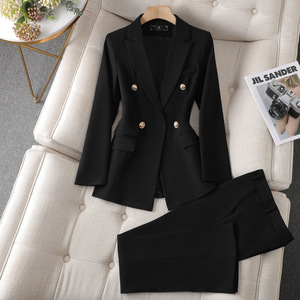 Women's Black Suit Set Double Breasted Blazer With Pants Office Lady Style Full Sleeve Autumn Wear - Product Image 1