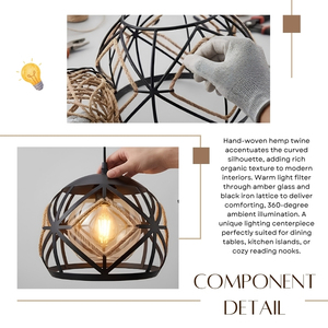 Vente directe d'usine, best-seller, luminaire suspendu en métal noir Boho Solaris avec corde en chanvre et globe en verre ambré - Product Image 5