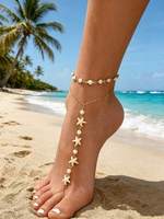Chaîne de cheville pour femme avec anneau d'orteil, fausse perle, breloque étoile de mer et coquillage, en alliage doré, étanche, classique, pour l'été et les fêtes à la plage