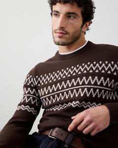 Suéter personalizado de Fair Isle, cuello redondo, cuello acanalado, puños y dobladillo recto, suéter de Jacquard de punto para hombre - Product Image 1