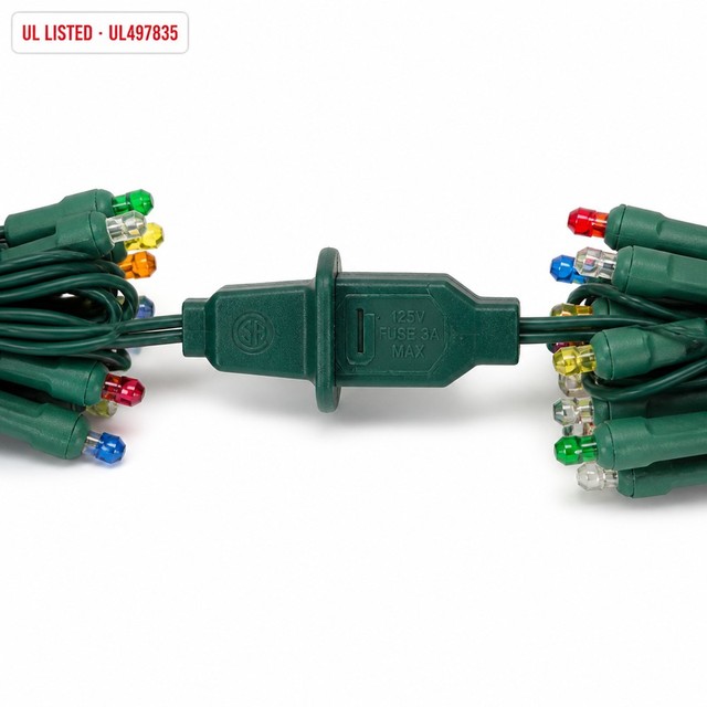 UL Listed IP65 Commercial Grade 50 Count 5mm Wide Angle Multicolor LED Christmas String Lights Green Wire 120V Christmas Tree