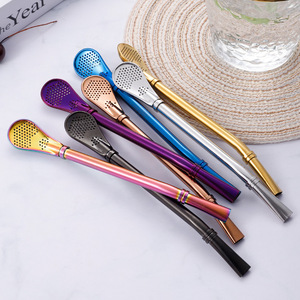 304 Stainless Steel Filter Straw Spoon Double Ring Reusable <b>Tea</b> <b>Infuser</b> For Milk <b>Tea</b> Coffee Juice Stirring Spoon - Product Image 1