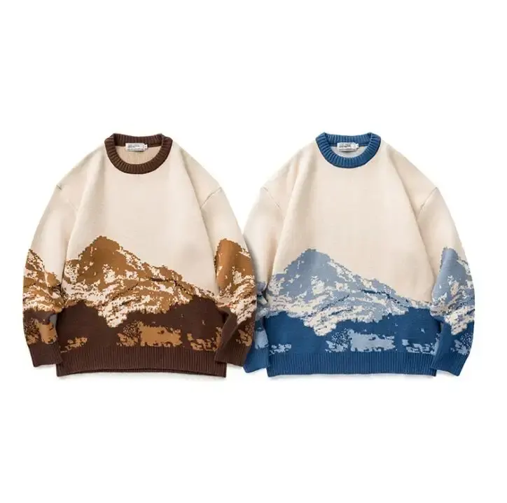 Printemps et automne nouveau Style chinois créatif neige montagne pull hommes mode col rond pull pull Couple haut