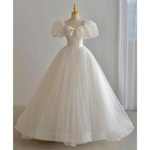 Elegant White Wedding Dress Ball Gown Sweetheart Neckline Puff <b>Sleeve</b> Natural Waistline For Travel Photography Portrait <b>Bridal</b> - Product Image 1