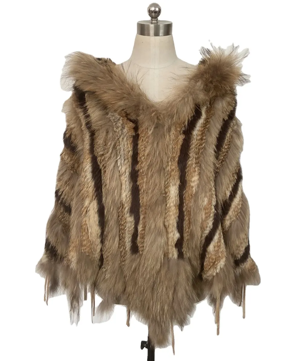 Natuurlijke Echt Konijnenbont Wasbeer Bont Knit Grote Mouwloze Wrap Shawl Bolero Bolero Cape