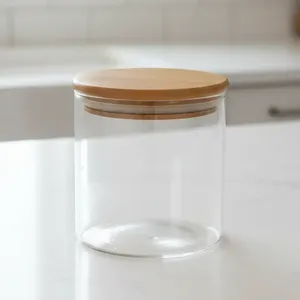 Wholesale Transparent Borosilicate Glass Jar with Wooden Lid Moisture Proof Food Storage <b>Container</b> Kitchen Canister - Product Image 3