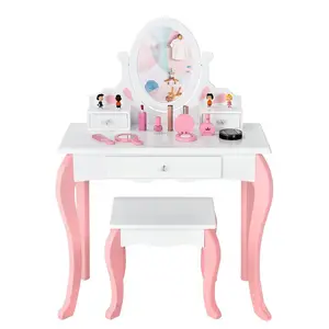 Kids Vanity Set Drawers Princess Vanity Table Chair Set Makeup Dressing Table Bedroom Modern Oak With Rotatable Mirror For Girls