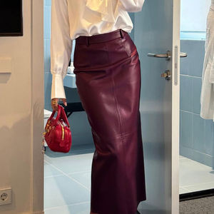 Zip arrière <span class=keywords><strong>bordeaux</strong></span> PU à la mode taille haute Midi jupes longues bureau dame printemps 2025 vêtements pour femmes <span class=keywords><strong>jupe</strong></span> en <span class=keywords><strong>cuir</strong></span> pour les femmes - Product Image 2
