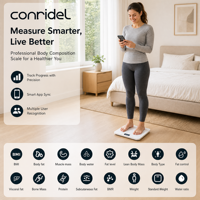 Balance connectée électronique intelligente pour salle de bain avec écran LCD rétroéclairé, capacité 180 kg, mesure de la masse grasse corporelle et de l'IMC, pour une vie saine, SBQR, 15 ans d'expérience.