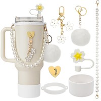 Ensemble de décoration pour bouteille d'eau pas cher, chaîne de perles, fleur de bégonia, bouchon de paille, couvre-gobelet en silicone, porte-clés en fourrure pour accessoires de gobelet