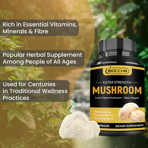 Kapsul Jamur Lions Mane Herbal Label Pribadi untuk Dewasa dengan Ekstrak Lada Hitam untuk Mendukung Kognisi & Fokus Otak - Product Image 1