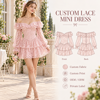 Robe mini personnalisée pour femme, en dentelle florale, à volants, épaules dénudées, corsage corset, manches longues bouffantes, jupe étagée, coupe trapèze