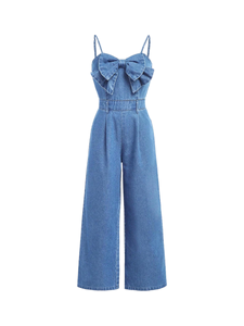 Mono vaquero de mujer con lazo, cuello halter, pierna ancha, cintura alta, atuendo casual de verano - Product Image 1