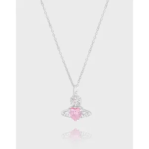 Factory Direct Cherry Blossom Powder Heart Zircon Pendant Cross Chain Necklace Women's Fine Jewelry 925 Sterling Silver Necklace