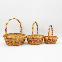 Panier de rangement de pique-nique tissé à la main, manche rond et haut avec décoration, panier portable de fleurs fraîches, tranche de bois, osier