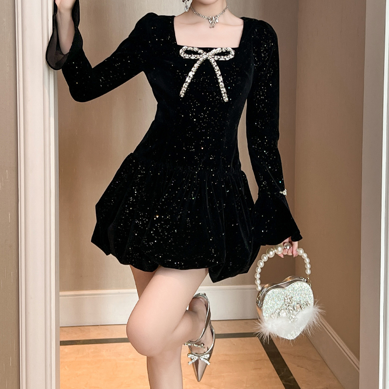 Black Short Sleeve Dress - Elegant Mini Dinner Gown