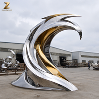 Escultura Artística Contemporánea de Olas Oceánicas en Acero Inoxidable con Acabado Dorado para Exteriores, Hoteles, Plazas y Jardines Costeros