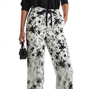 Pantalon large en mousseline unie pour femme, taille haute élastique, coupe décontractée, longueur intégrale, respirant, écologique, style automne - Product Image 1