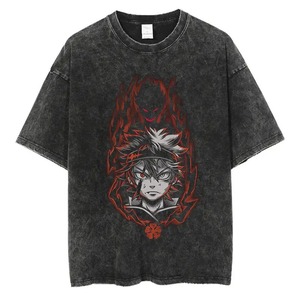 เสื้อยืดฮาราจูกุสไตล์ใหม่ ลายโคลเวอร์ทรงหลวม สีดำล้าง สไตล์อนิเมะสตรีท - Product Image 1