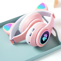 Headset Gaming Stereo LED Mic Lucu B39 dengan Lampu Flash, Bluetooth, Musik, untuk Anak Perempuan, Headphone Nirkabel Telinga Kucing untuk Anak-anak