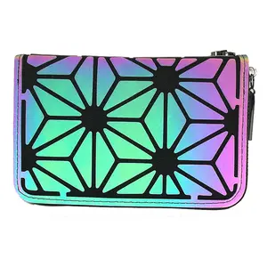 female high capacity multiple compartments geometric lattice standard zipper holographic luminous reflective clutch purse wallet