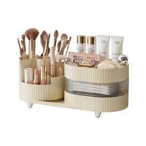 Organisateur cosmétique rotatif blanc crème avec tiroirs, boîte de rangement de maquillage de bureau pour rouge à lèvres, fards à paupières et pinceaux - Product Image 1