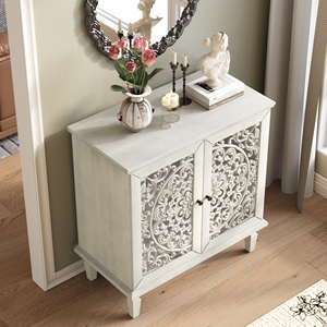 Vintage Hollow Carved Accent <b>Cabinet</b> 2 Door <b>Display</b> Storage <b>Sideboard</b> Symmetrical Floral Design Adjustable Shelf - Product Image 3