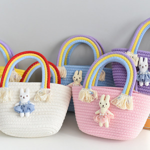 Sweet Girl Bag <b>Rainbow</b> Cloud Children's Woven Bag Large Capacity Straw <b>Handbag</b> New Casual Cotton Thread Bag - Product Image 3