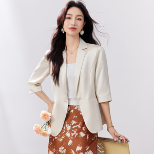 Women's Lightweight Blazer Champagne Color Three Quarter Sleeve Solid Pattern Casual Wear - Product Image 2