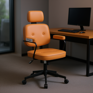 Chaise de bureau ergonomique en cuir PU orange avec accoudoirs, dossier inclinable, réglage manuel, design moderne, mobilier de bureau - Product Image 2