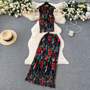 Iki parçalı bayanlar Set LW1395 kadin pileli Ombre Set kolsuz saçak bluz + Maxi etek bayanlar 2 parça Set - Product Image 3