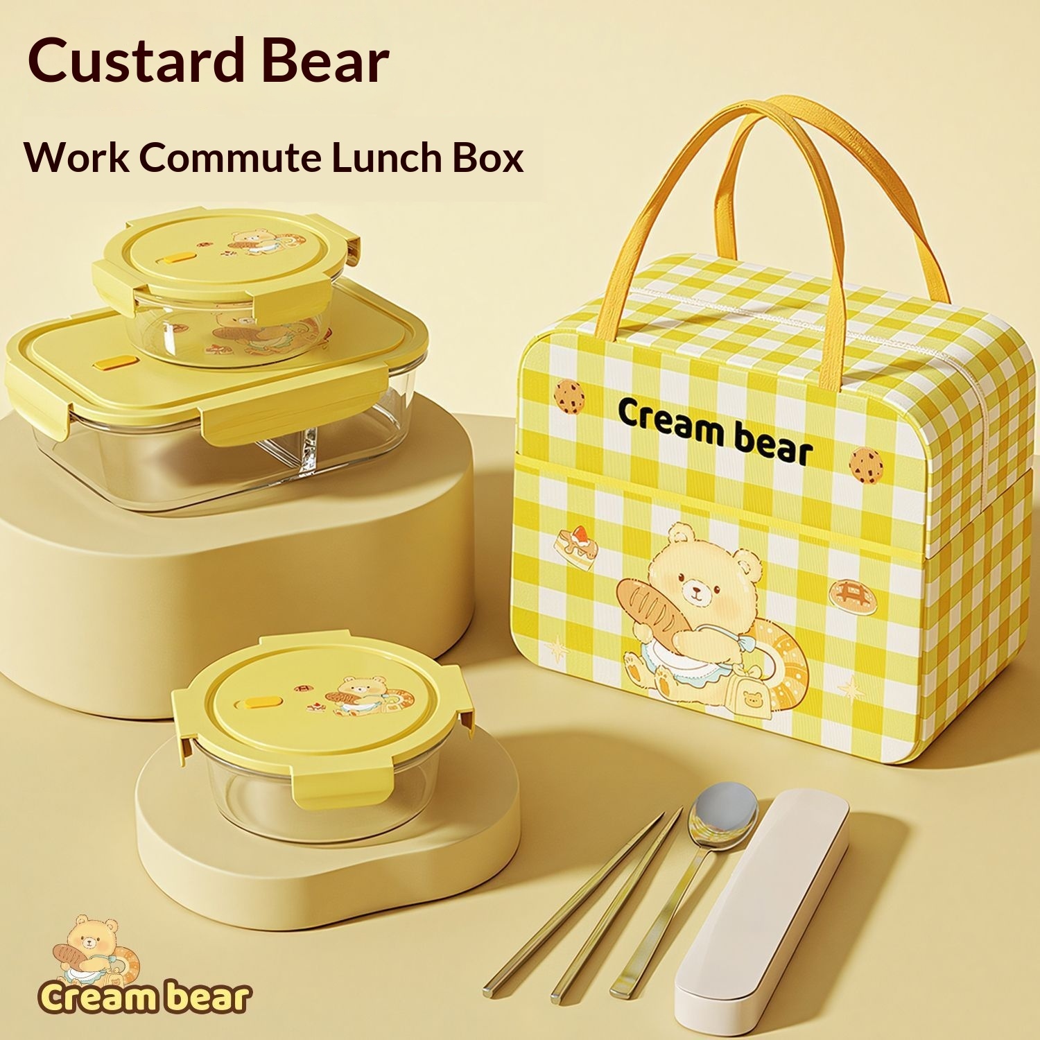 New High Quality Borosilicate Glass Lunch Box Food Storage Container Set Bag Printing Cartoon Style Stackable Dishwasher Safe