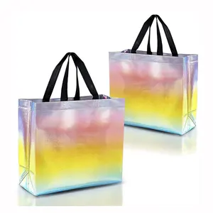 Custom printed grocery bridesmaid gifts holiday holographic pressure layer metallic non woven shopping bag