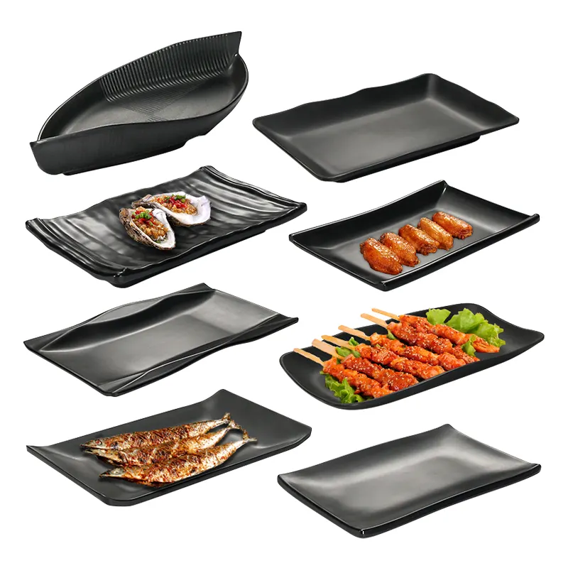 High Quality Black Melamine Plate Tableware Set Dish Kitchen Dinnerware Restaurant Barbecue Plates Reusable Solid Sushi Plate