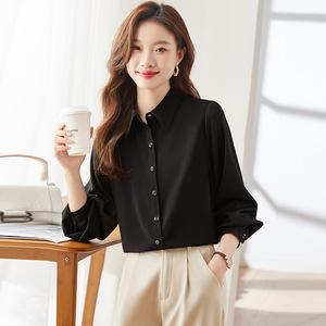 Women's White Shirt Solid Color Poplin Office Blouse Long Sleeve Simple Style - Product Image 3
