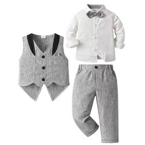 Costume formel pour garçons printemps-automne 2025, nouveau smoking gris, ensemble quatre pièces pour enfants avec motif logo, tenue de fête - Product Image 6