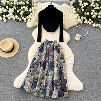 Ensemble haut en tricot à col roulé pour femme et jupe mi-longue à taille haute en jacquard à motif d'ours pour l'automne et l'hiver